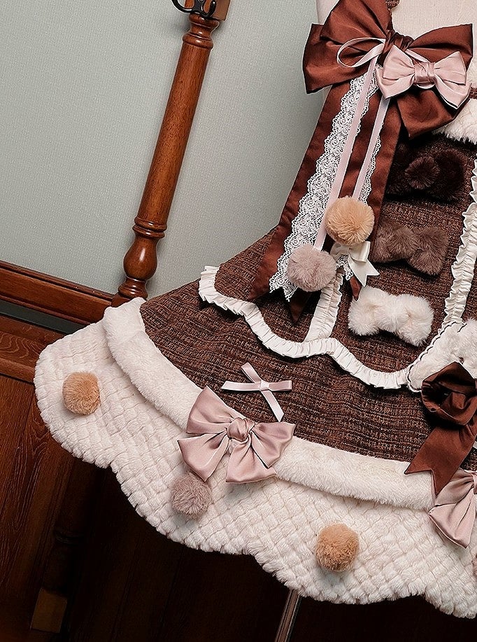 Dress and with Scalloped Brown White Sweet Trim Lolita Overalls Pom-poms Bowknots Edge