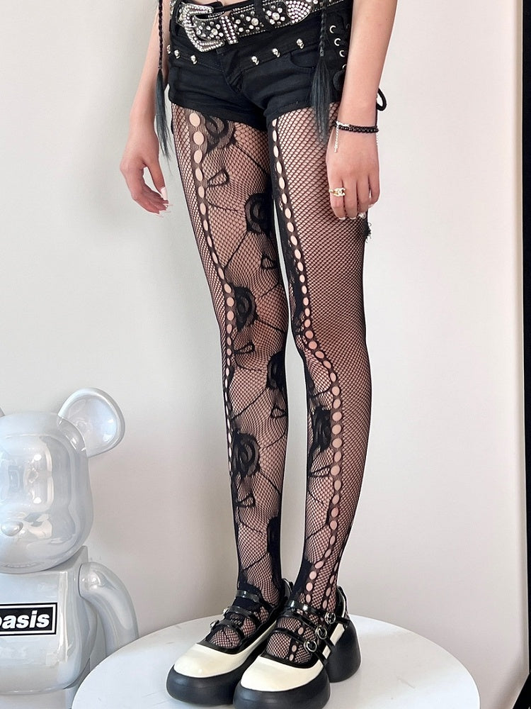 Black/White/Brown Y2K Cut-out Design Floral Pattern Tights