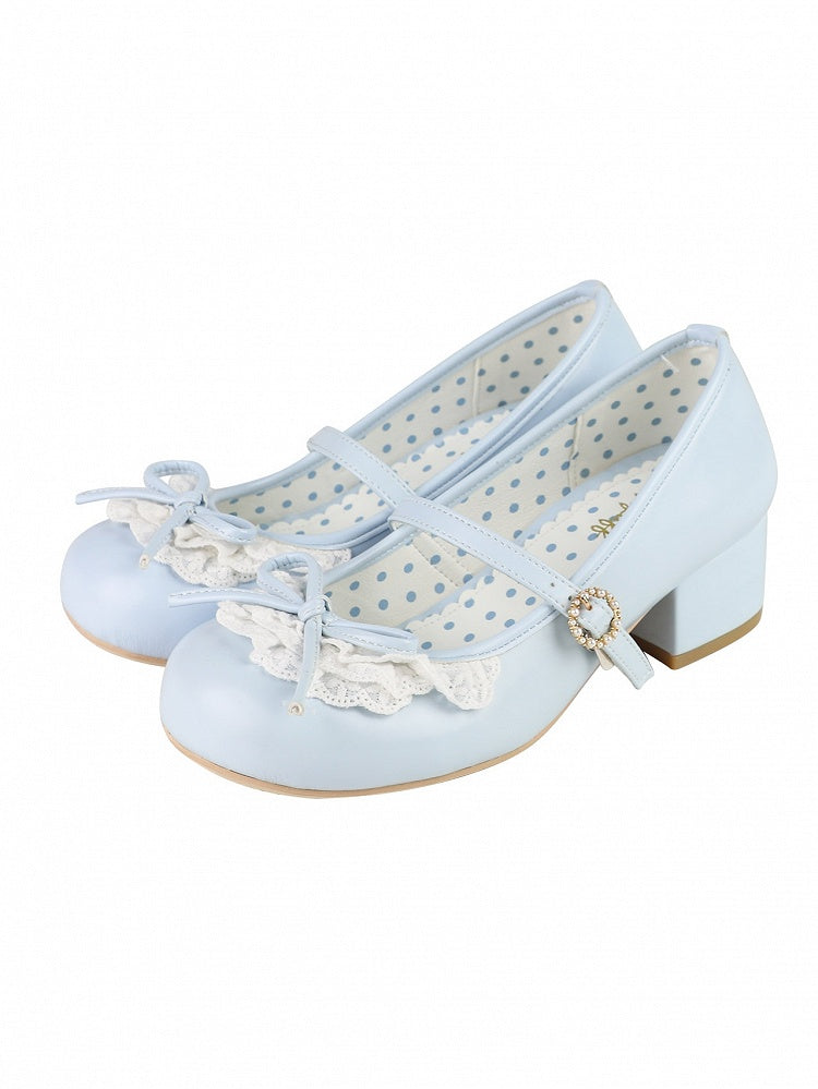 Absätze 2,2 cm/4,3 cm Janes Mary Toe Trim Blau Runde Akzent geknotete Spitze Schleife