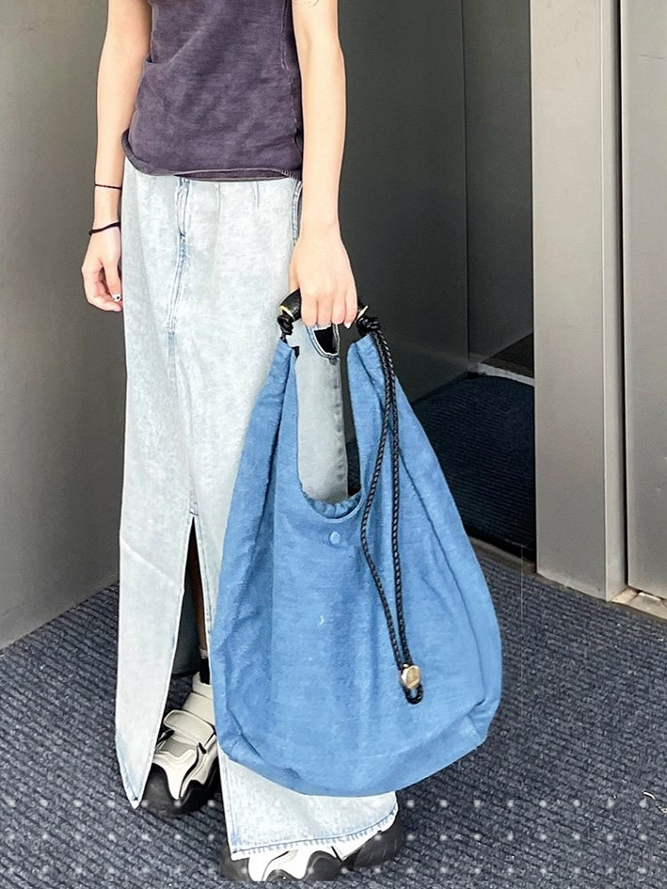 Denim Capacity Tote Shoulder Bag With Adjustable Braided Strap Blue Large