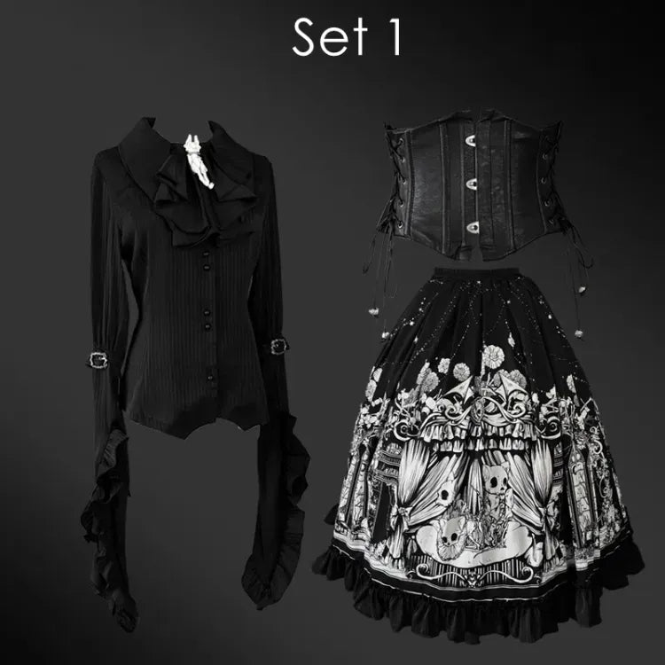 Sleeves Dark Belt Available Black Corset Gothic Plus Set Long - Full Lolita Skirt Sizes Shirt +