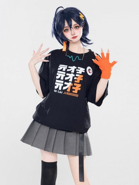 Sleeve Top Skirt Black Short Set: Belt + Full