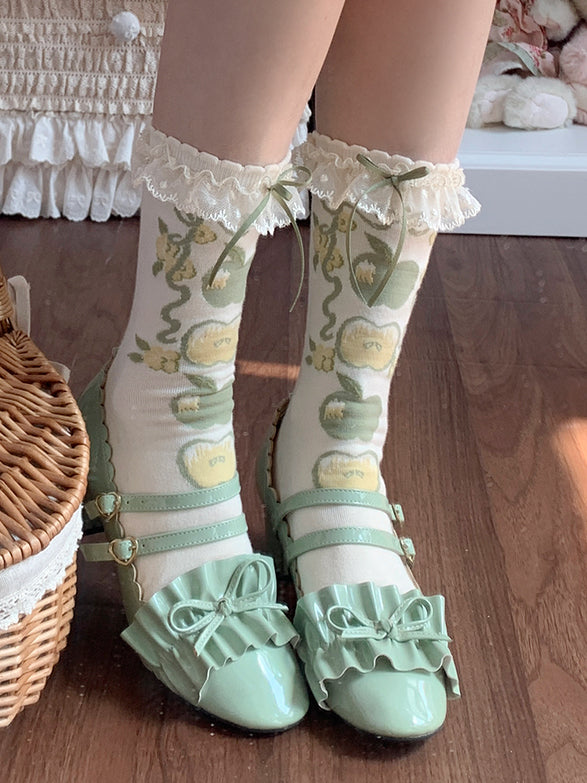 Lolita Calf Trim Sweet Socks Print Lace Apple Green/Red