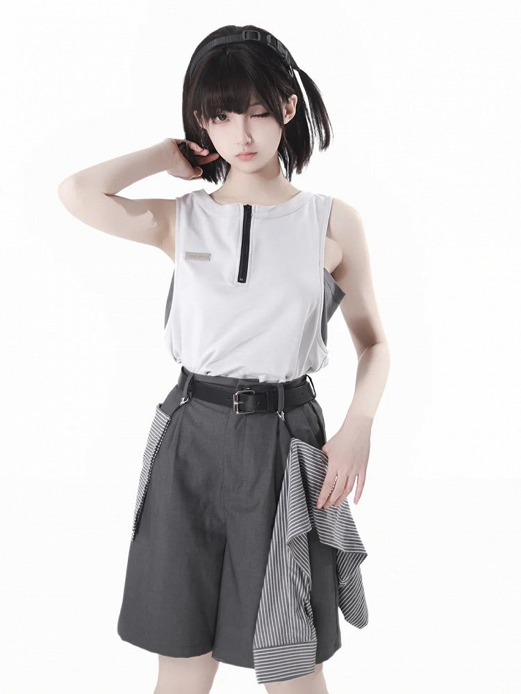 and Accessory Buckle Belt Shorts with Striped Gray Casual