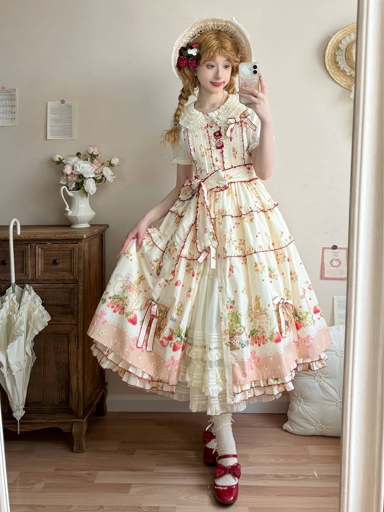 Floral Pink Hemline Lolita Fashion Dress Bunny Print House Strawberry and