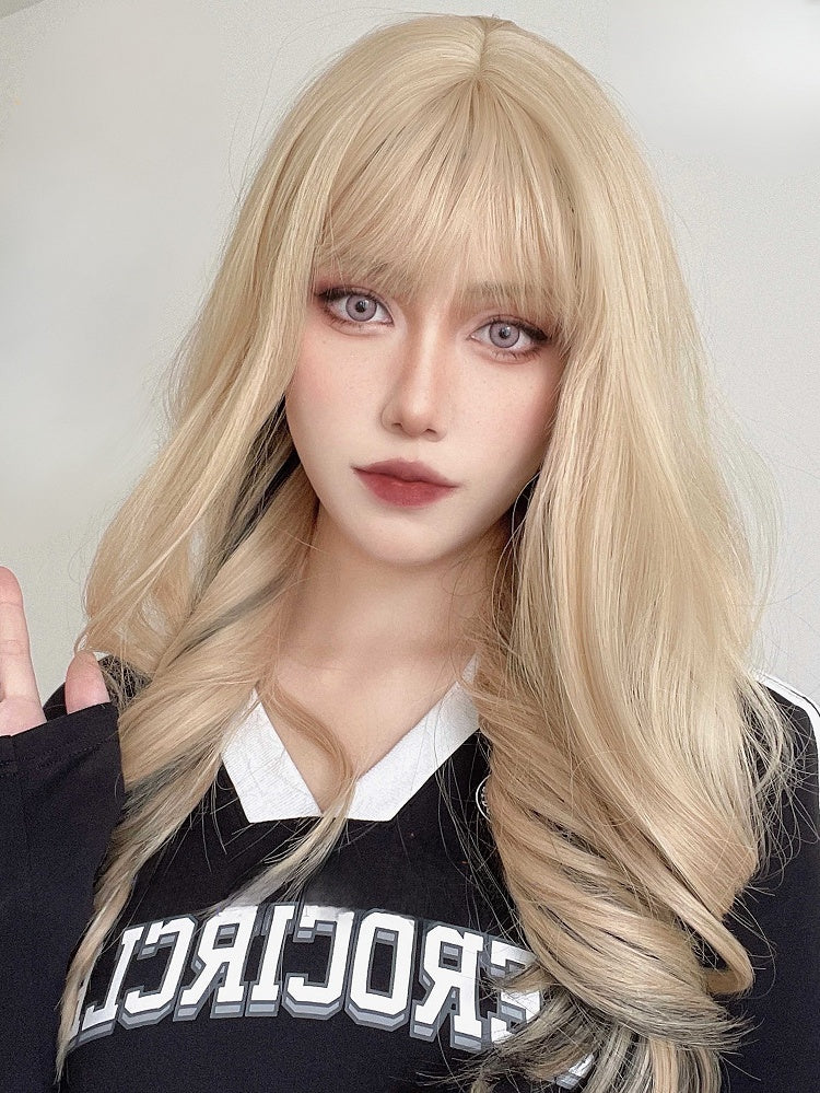 Length Wig And Wavy Bangs Blonde Air Highlight With Black 65CM