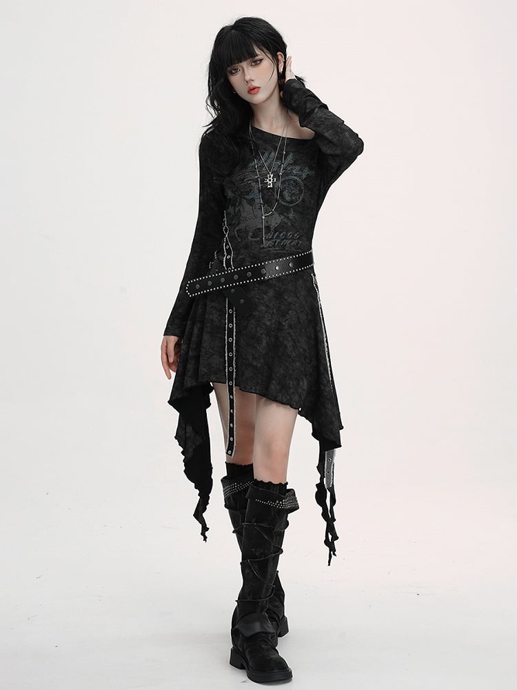 Equestrian with Handkerchief Neckline Asymmetrical Belt Black Gothic Studded Dress Hem
