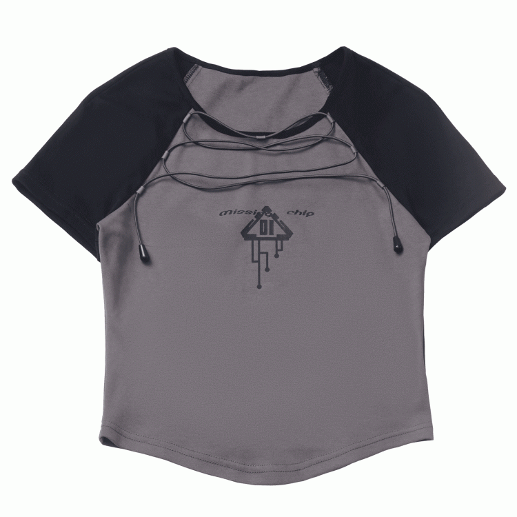 Graues Colorblock-Design und schwarzes Techwear-T-Shirt mit Schnürung vorne