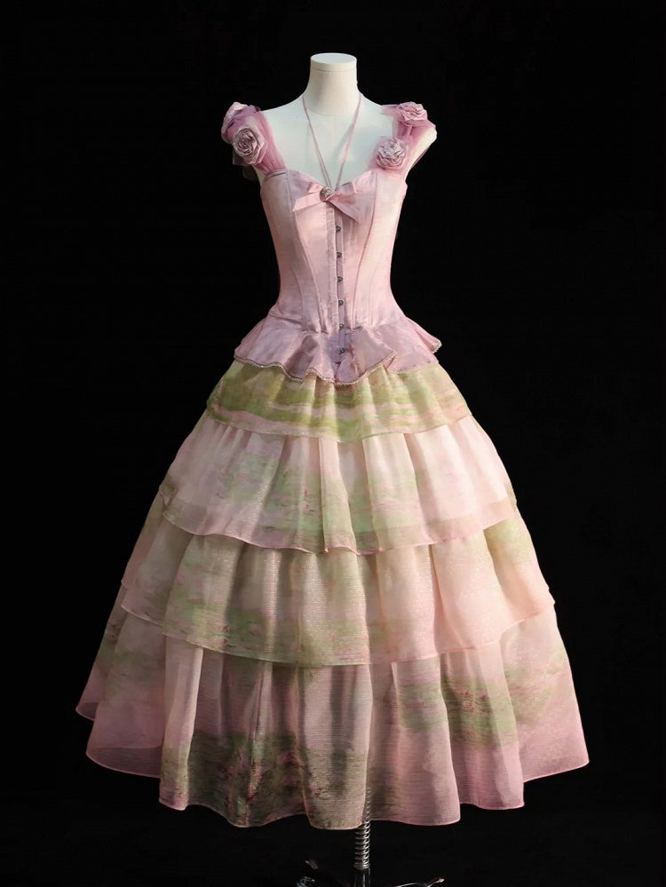 Boned Corset Top with Detachable Floral Adornments Hem Flounce Pink
