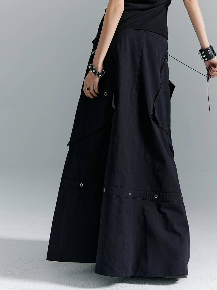 Black A-Line with Buckles Punk Pockets Metal Skirt Zippered