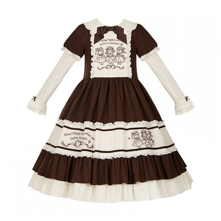 Embroidery Lamb Pan Lolita Bunny and Dress Brown with Beige Peter Collar