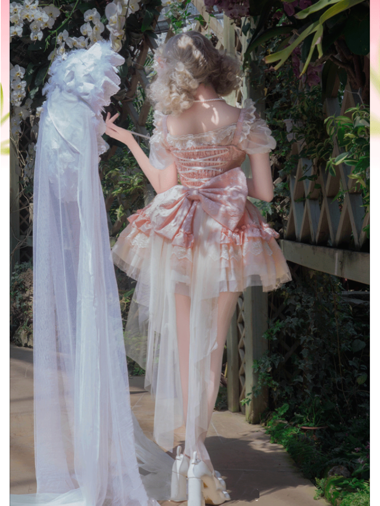 with JSK Big Bow Fabric Hime Lolita Balletcore Pink Boned Basque Waist Jacquard Train Puffy Dress