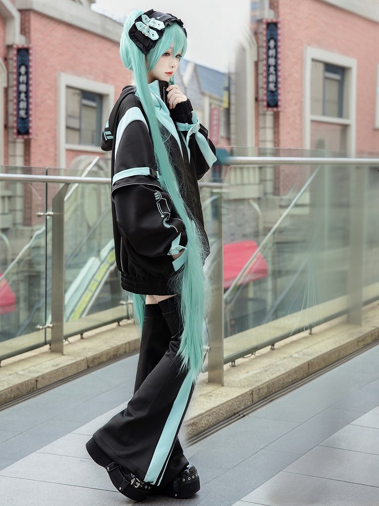 Schwarze und grüne Landmine Cyberpunk Overknee Beinwärmer