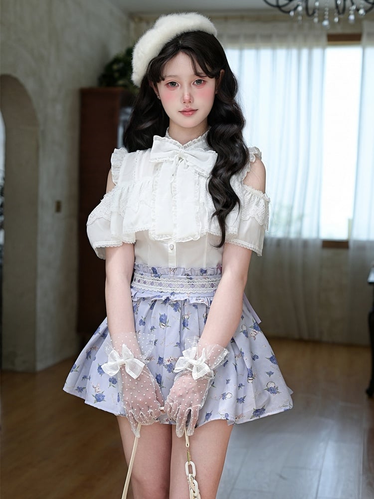 Lace Trim Skirt Light Purple Hydrangea Print Box Pleat