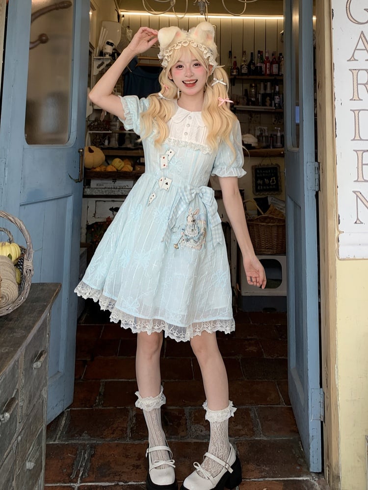 Embroidery Blue Puff Sleeves Dress in Wonderland Vibes Bunny Alice