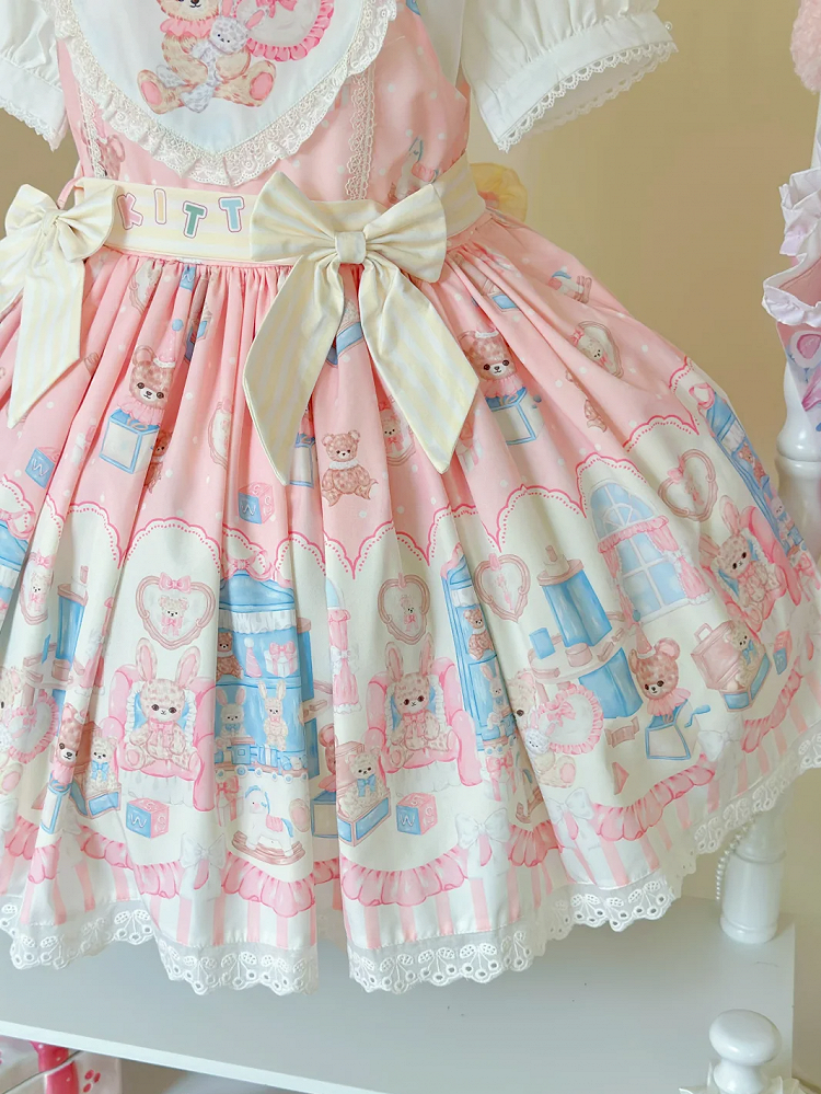 Dress Lolita Print Teddy Toy Pink Plush Overall and Sweet Bunny