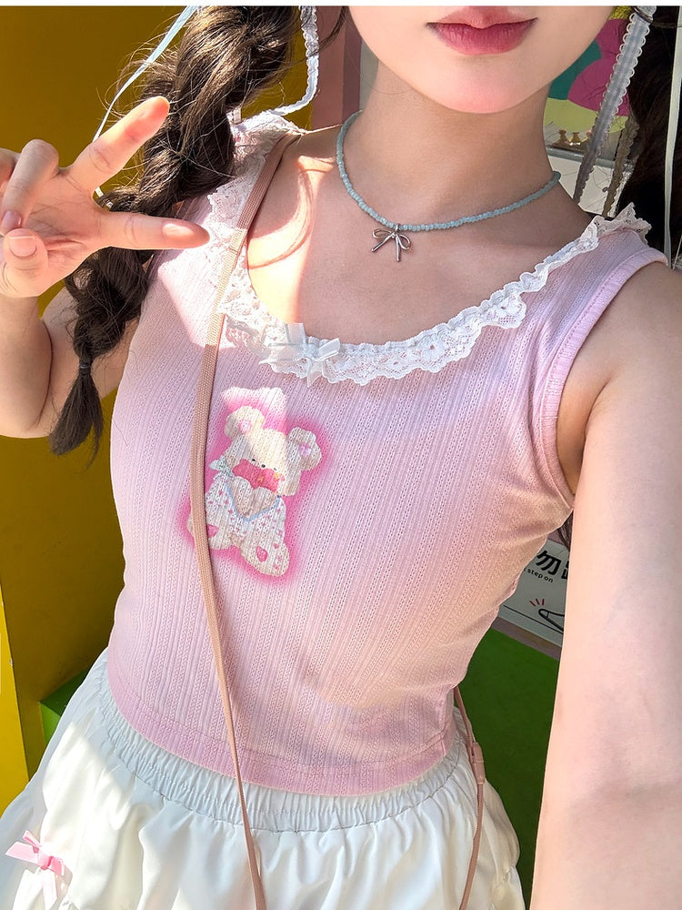 Neckline Pink Teddy Bear Print Lace Trim Sweet Tank Top