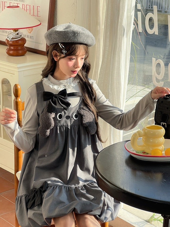 Design Bowknot Dress Bubble Skirt Accents Sleeveless Gray Plush Puppy Ears