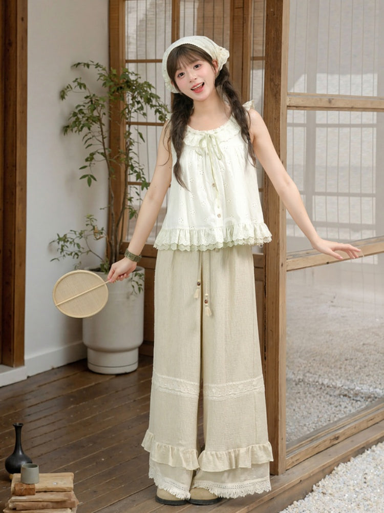 Neckline Tank Top Self-tie Flutter Sleeves Tiered at Strap Green with Ruffles Cutton
