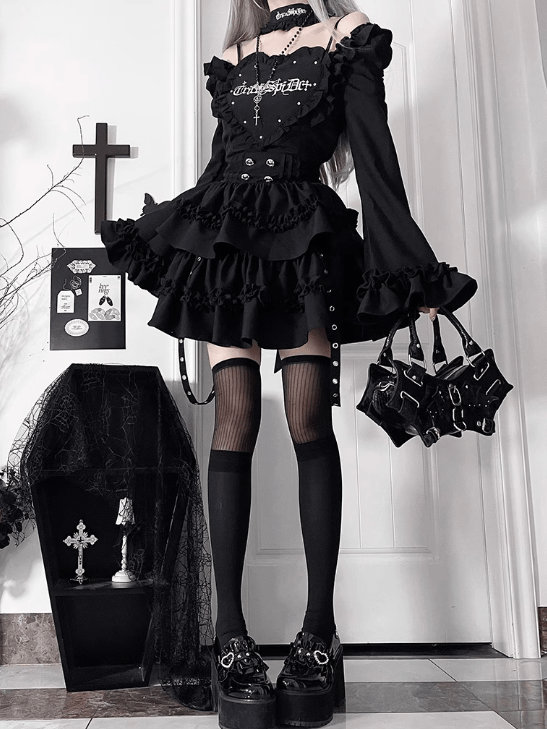 Gothic Ausschnitt Ärmel Off-the-Shoulder Kleid Print Black Bell Letter