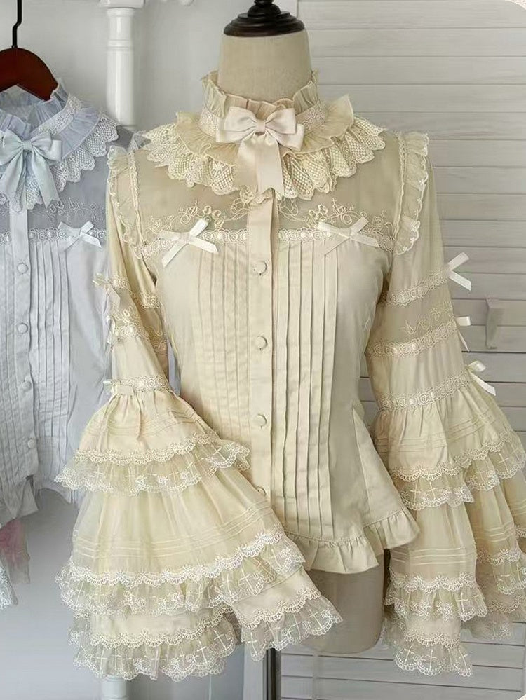 Layered Beige Blouse Ruffle Sleeves Neckline Bell