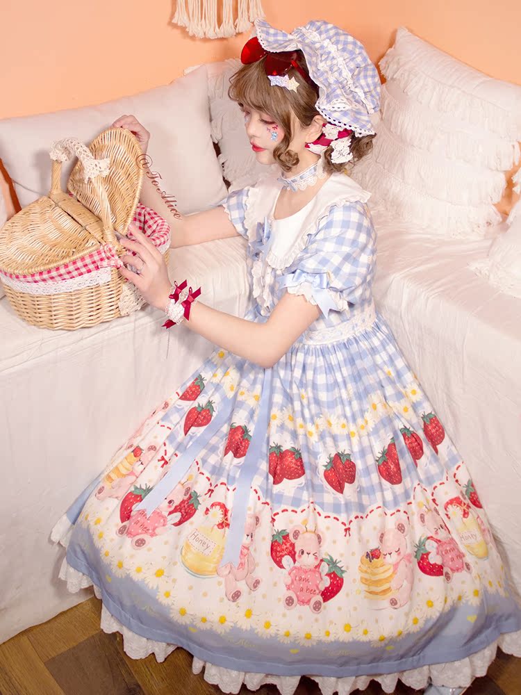 Light Blue/Wine Red Plaid Strawberry and Bear Print Cottagecore Country Dress Sweet Lolita OP