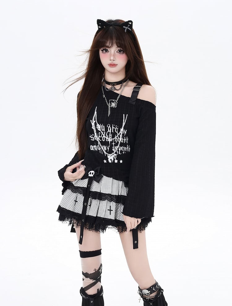Top Pink/Black PU Strap Graphic Buckle Asymmetrical Neckline