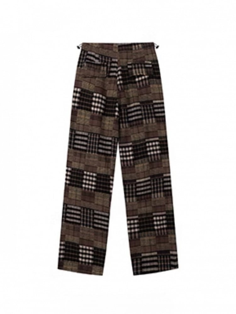 Patchwork Drawstring with Pants Waist Plaid Brown