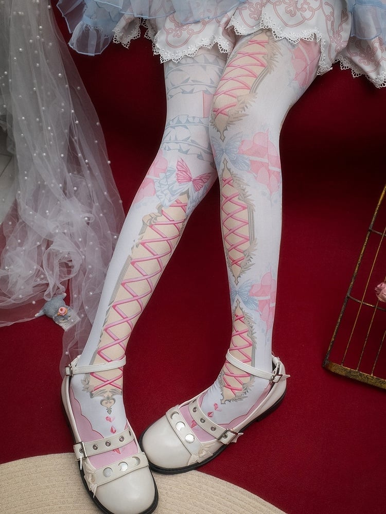 Butterfly Print Crisscorss Banded Tights And Asymmetrical Pink/Blue/Black/Yellow/Red