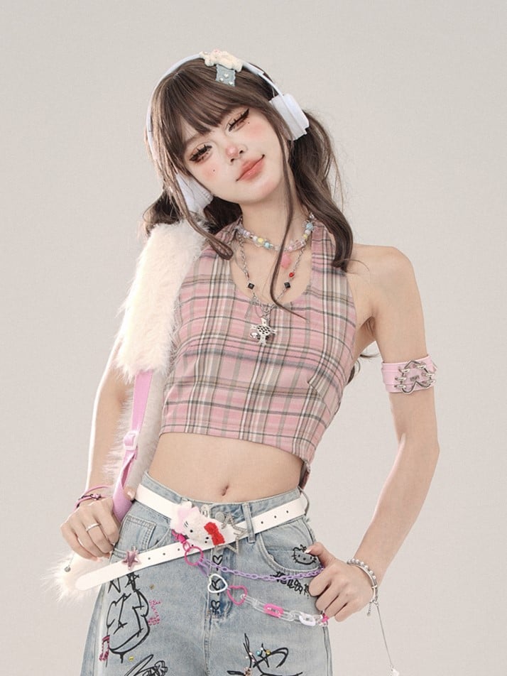 Halter Pink Plaid Delicate Top Crop Tank