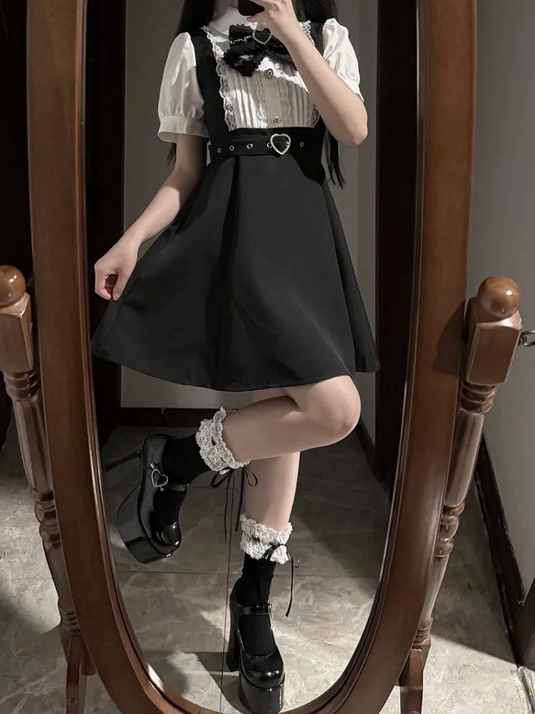 Detachable Black Overall Heart Bow Jirai White Buckle Dress Belt Colorblock Tie with Kei Faux