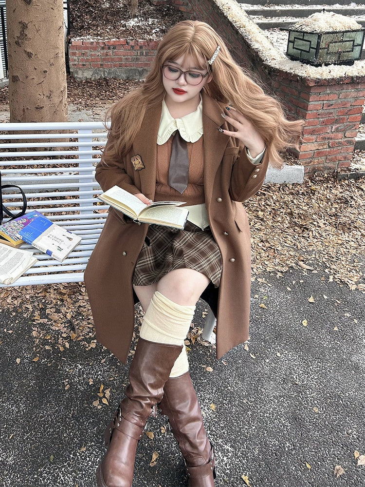 Plus Size Plaid White Skirt Brown / Shirt Pleated Preppy