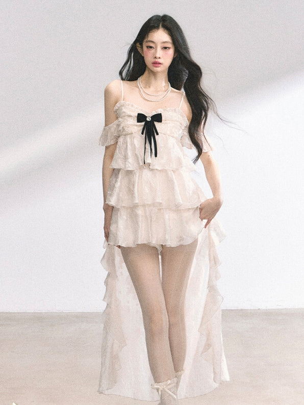 Apricot Cascading Ruffle Trim Tiered Ruffles Cami Dress Skirt High-low