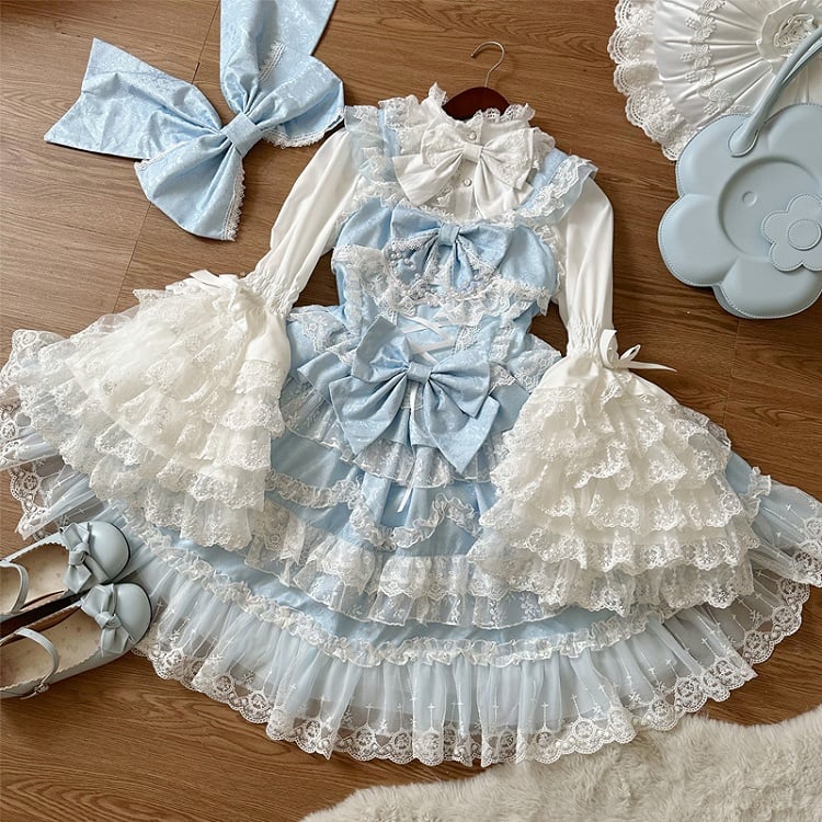 Jumper Bows Lace Blue Skirt White Dress Hanayome Trims Lolita Decorated