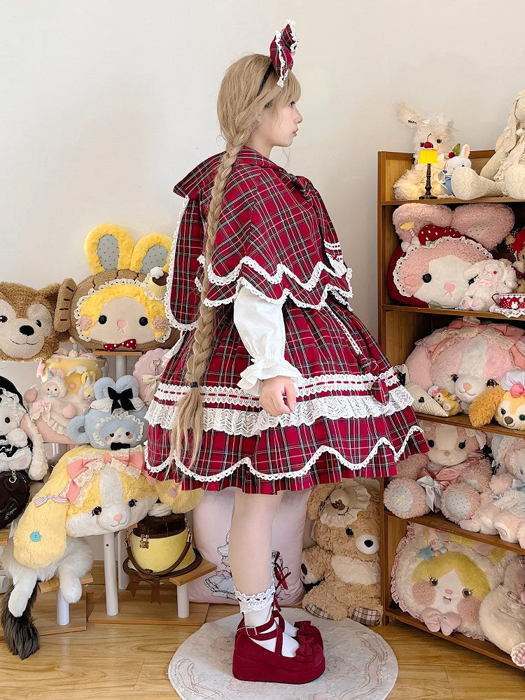 and Plaid Bunny Ears Red Cape Hooded with Petal-like Trim