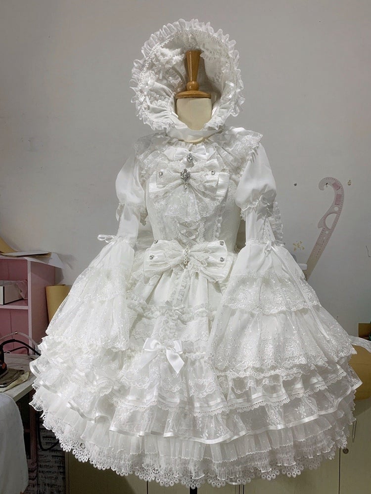Weißer Shiro Hanayome Bowknots verzierter Lagenrock Sweet Hime Lolita Pulloverrock-Set