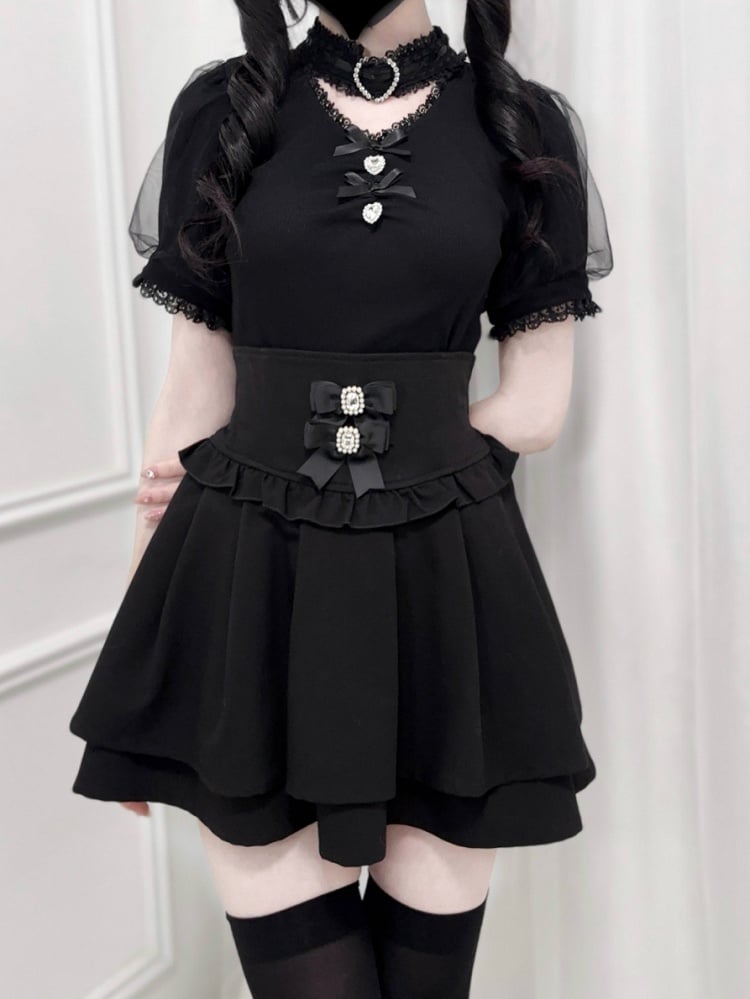 Jirai Kei Blouse Black Design Bowknot and Rhinestone Decoration Choker