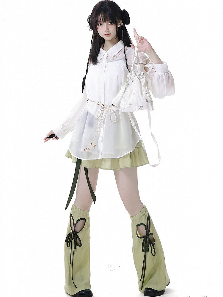 Green Cheongsam Tiered Skirt with Waist Belt Elastic Waist Style