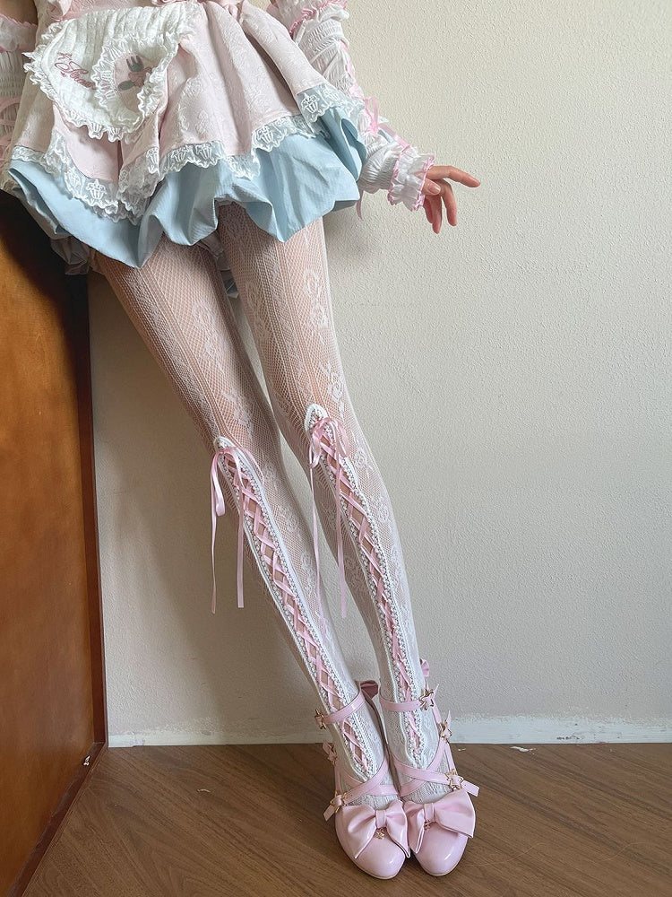 Pattern Floral White Design Hollow-out Tights Lace-up With Pink