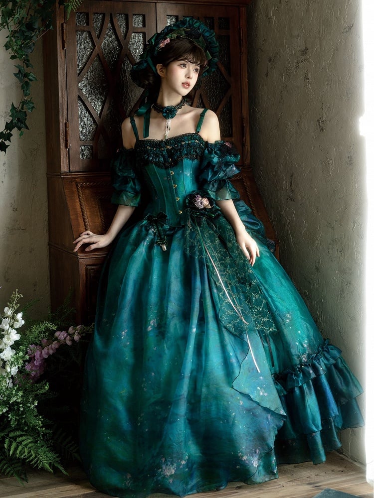 Green Forest Fairy Lolita Asymmetrical Design Oil Painting Skirt with Floral Hairclip