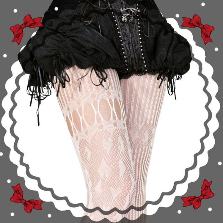 Schwarz/Rot/Weiße asymmetrische Netzstrumpfhose mit Herzmuster