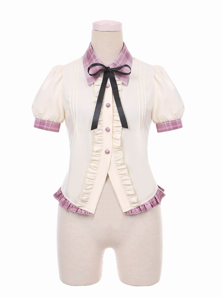 Contrast Pink Plaid Trim Beige Idol Lolita Blouse with Lace-up Detail at Back