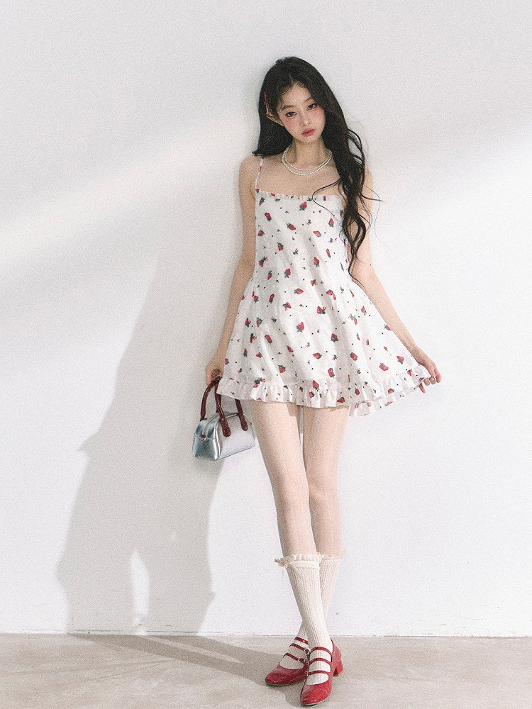 Print Mini Neck Sweet Strawberry Cami Dress White Square