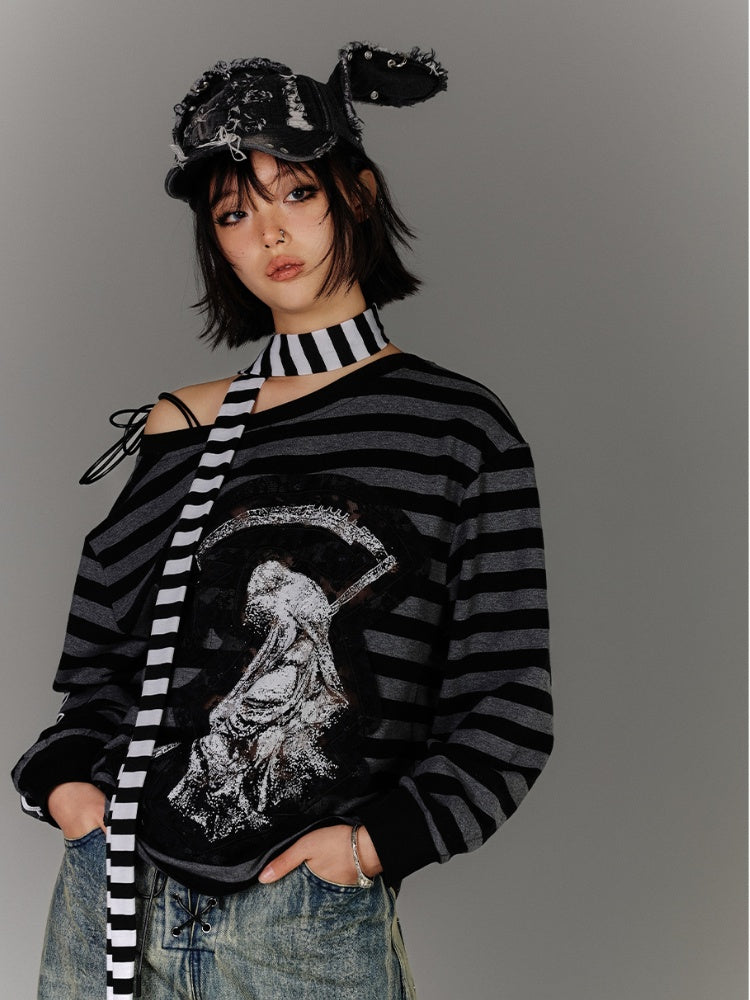 Black Gray Stripes Applique Design Asymmetrical Neckline Drawstring Punk Top