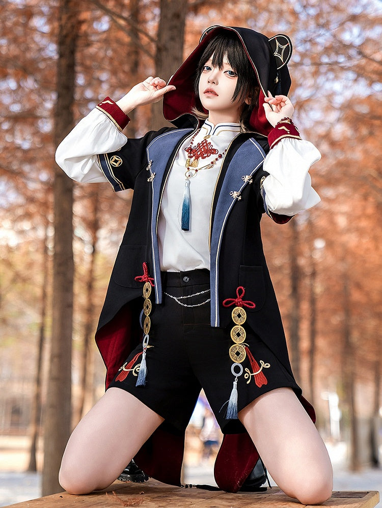 Manteau à capuche en ouji noir avec pièces de cuivre et oreilles de panda