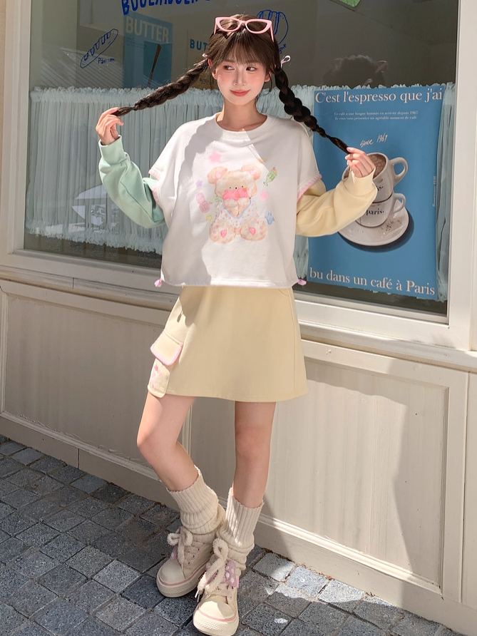 Green Teddy Bear Print Drawstring Sweatshirt Hem Yellow Design Colorblock Autumn and