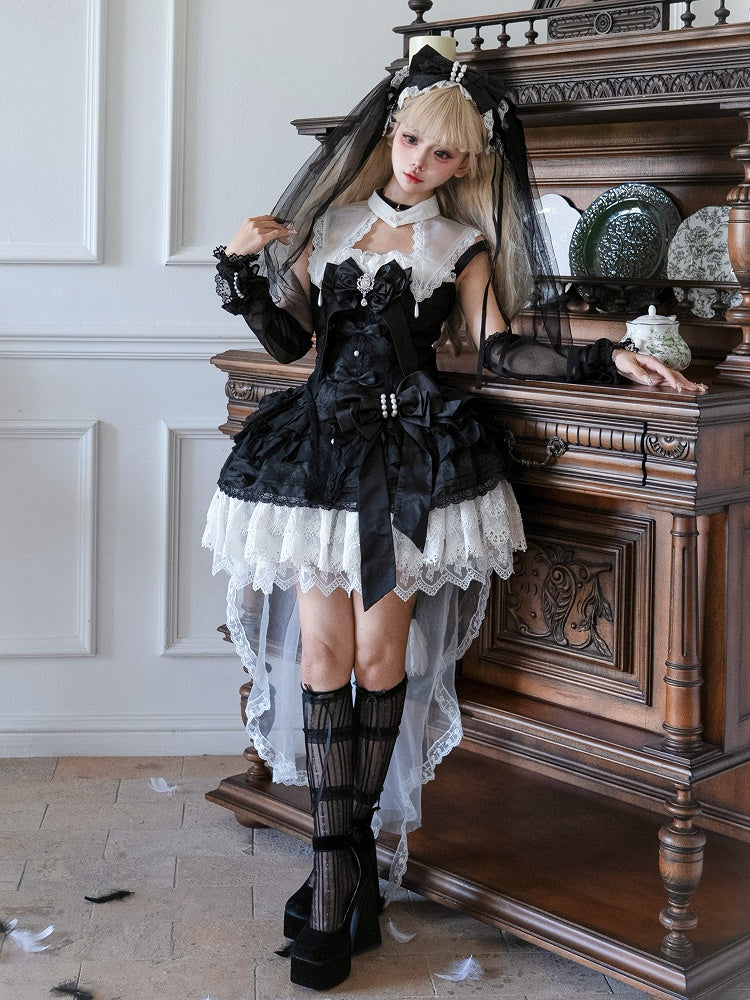 Bows White Dress Black Decorated Gothic Skirt Lolita Tiered and