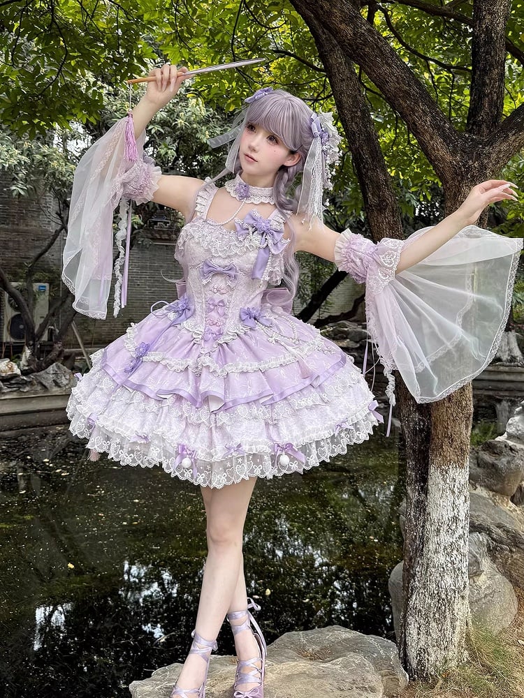 and Chains Dress Flower Lolita Waist Qi Corset Bow Bead Purple Accents