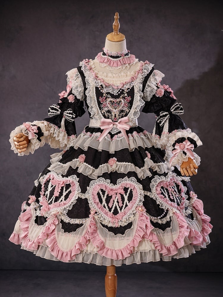 Black Hanayome Rosette Embroidery Floral and Bead Chain Lolita OP Full Set