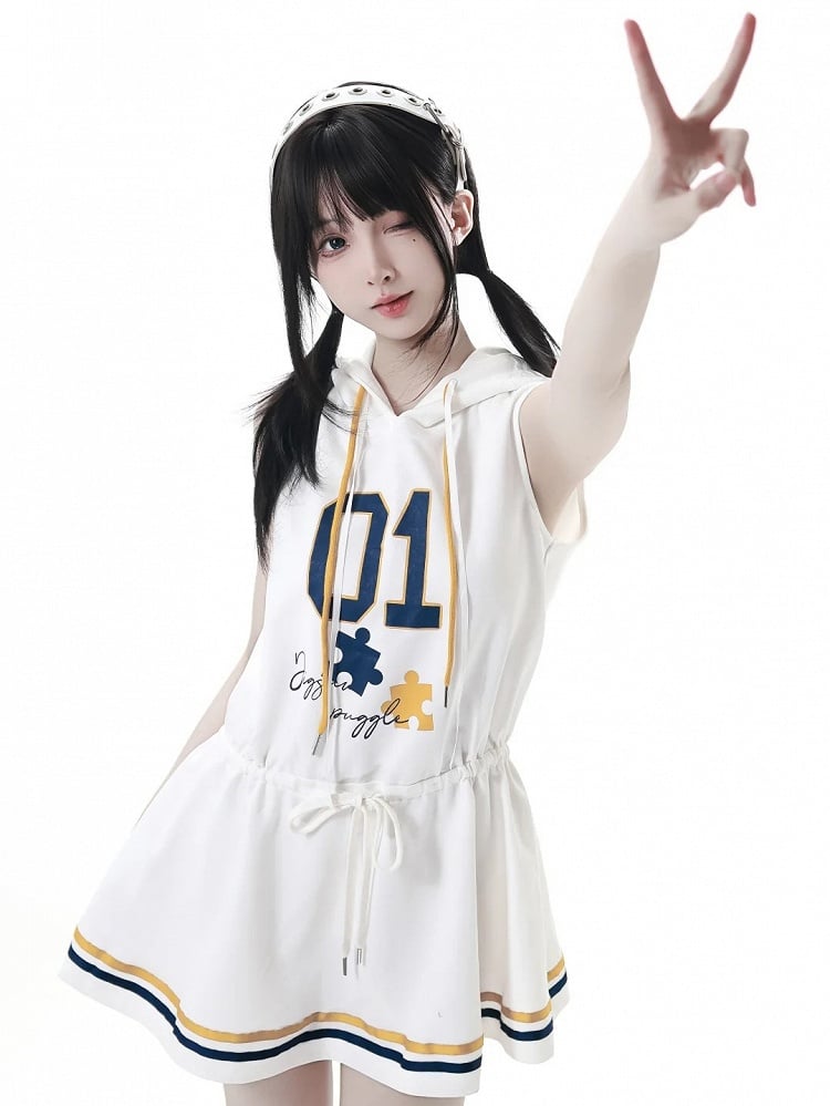 Dress with Yellow Drawstring Hem Hood,Blue Waist Striped Hoodie and Blokette Sleeveless White